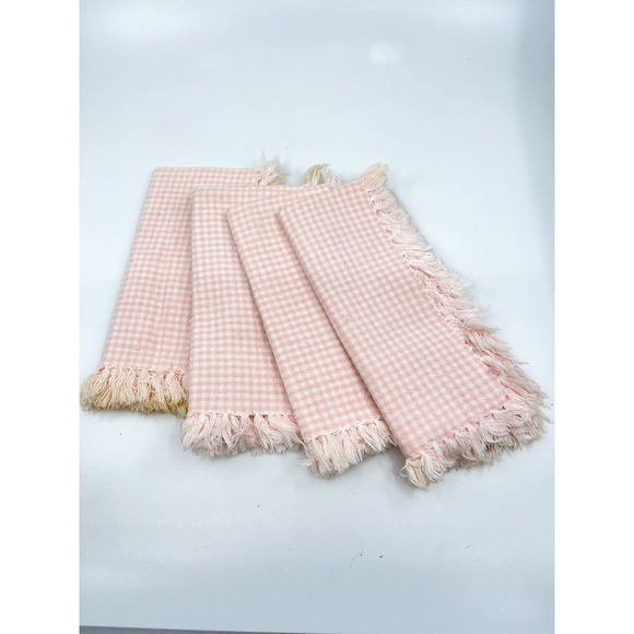 none Other - Set of 4 dinner napkins vintage check fringe edge peach pastel pink